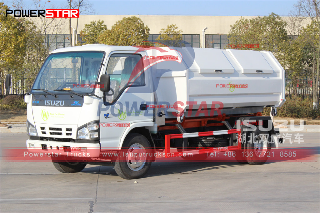 ISUZU NKR 4-6cbm خطاف لوري شاحنة نقل قابلة للفصل تصدير شاحنة لجمع القمامة إلى سانت مارتن
