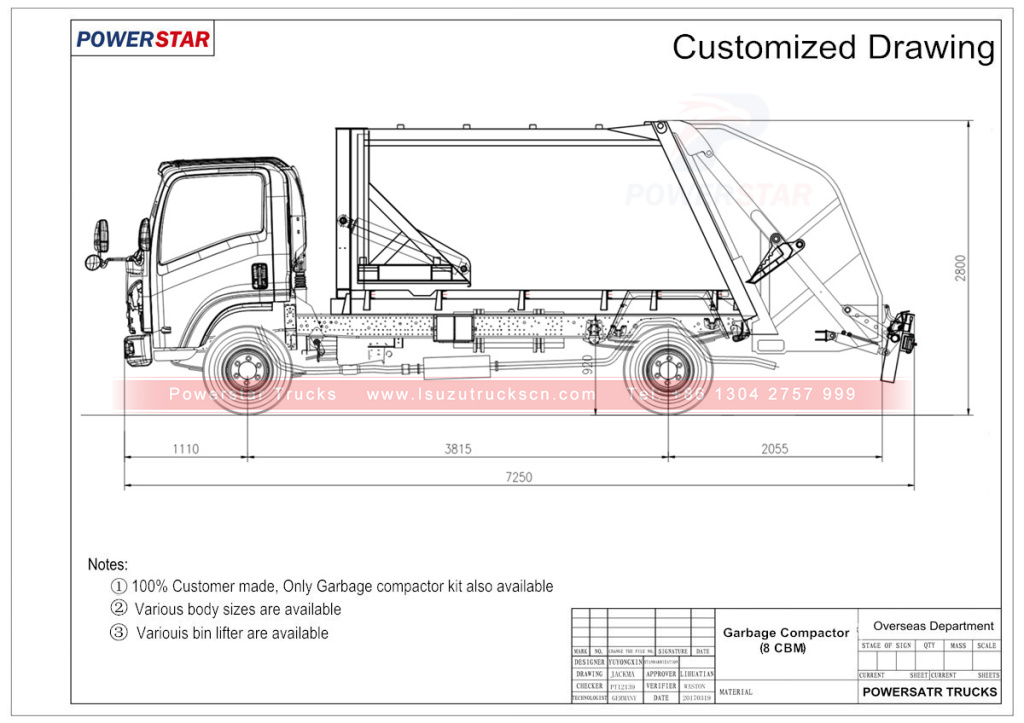 Hydraulic pressed garbage truck Isuzu (8 cbm) technical drawing