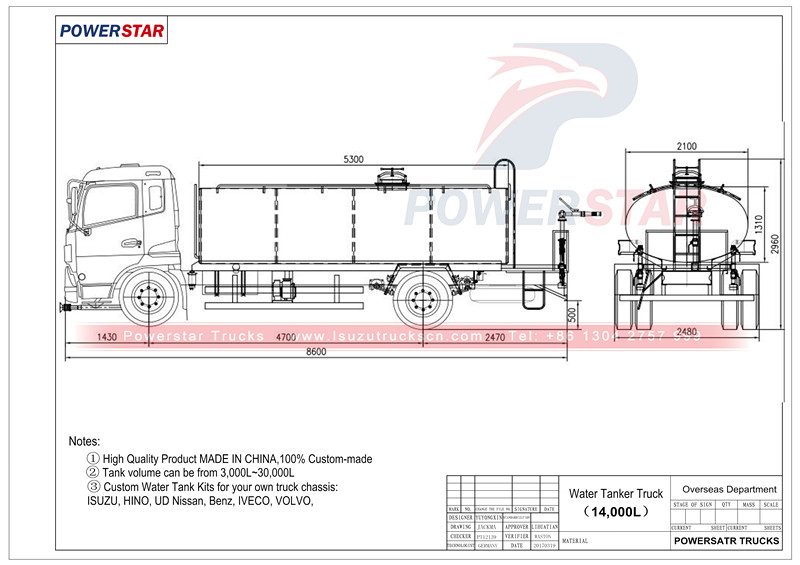 technical drawing for Water Bowser Isuzu FTR 3000 Gallon (14000 Liters)