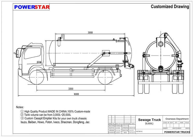 technical drawing for Isuzu 4x2 sewage suction truck vacuum truck sale