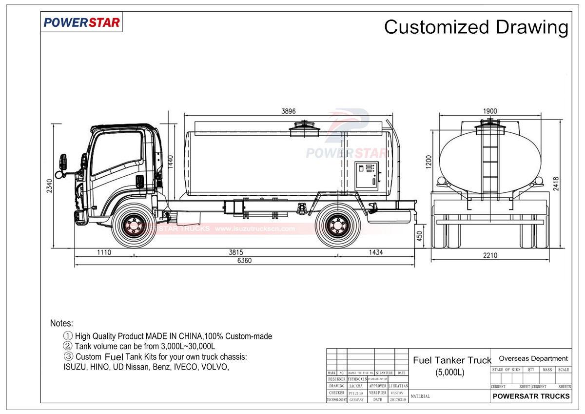 Technical drawing for Isuzu Mobile Refueling Tank Truck 3,000L