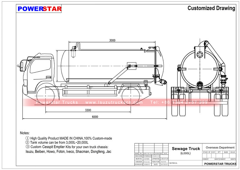 Technical drawing for Vacuum tanker trucks Isuzu (6,000 Liters)
