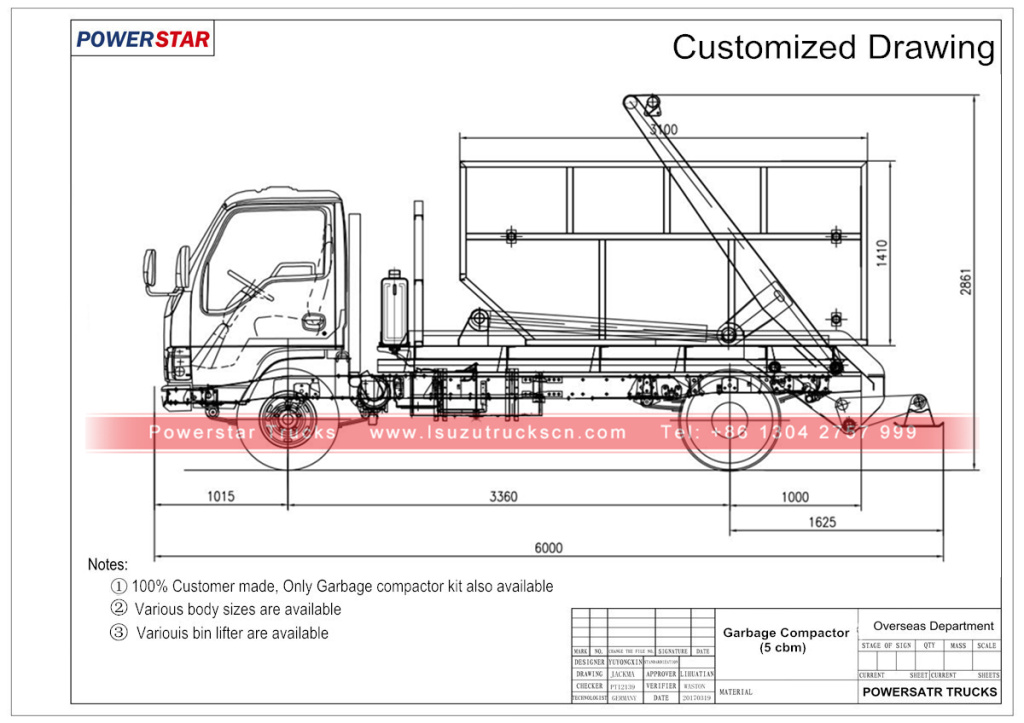 Technical drawing for Isuzu brand multilift skip lorry trucks